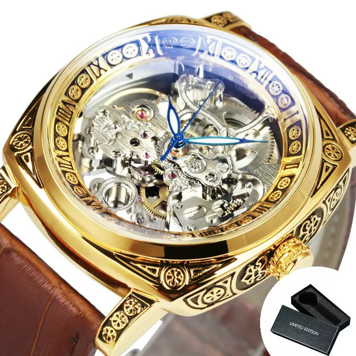 Excellence Gold Mechanical Men's Watches Top Brand Luxury Skeleton Automatic Watch Engraved Movement genuine Leather Strap 2024