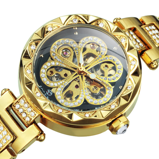 Excellence  Golden Skeleton Watch for Women Fashion Diamond Luxury Automatic Mechanical Watches Luminous Hands Stainless Steel Strap