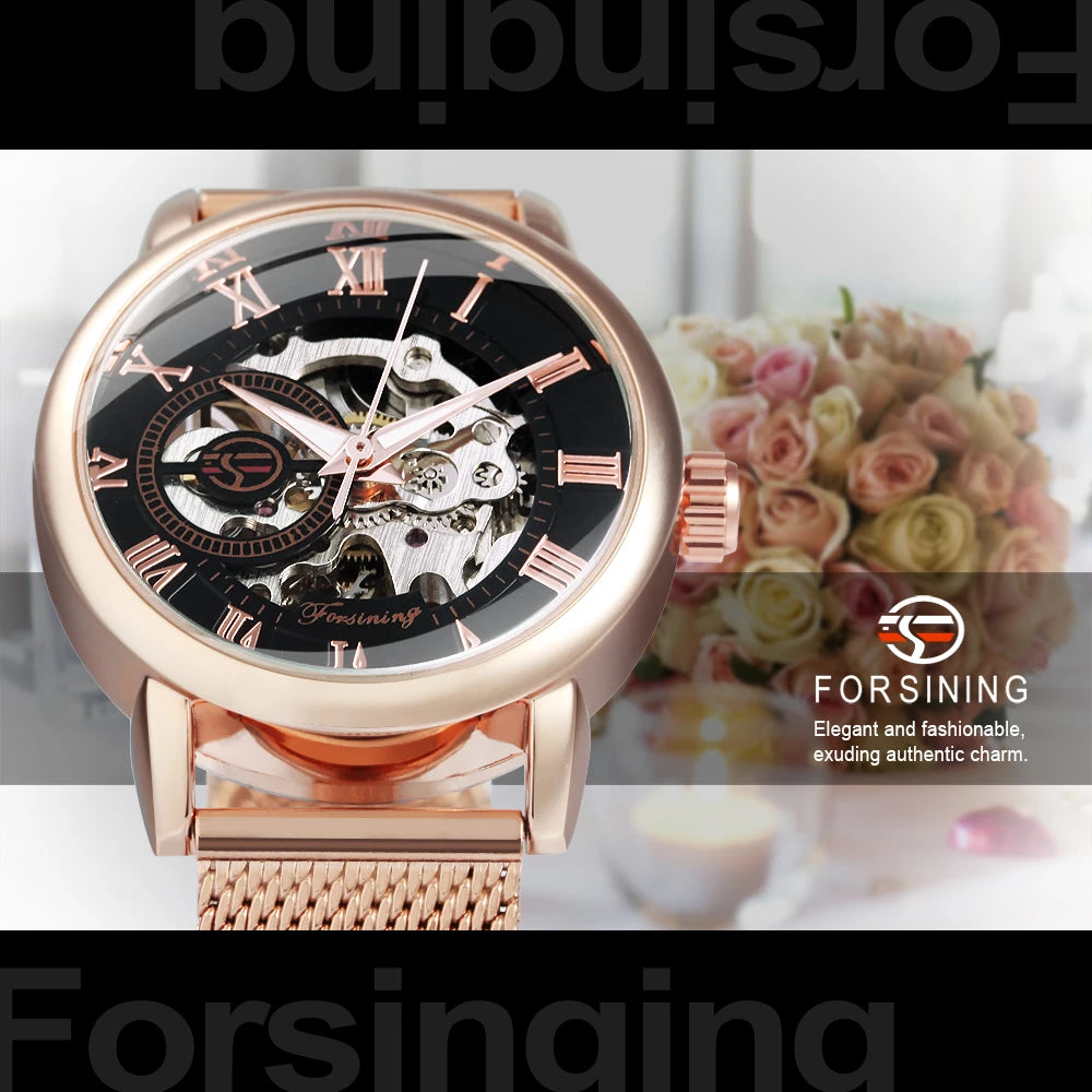 Excellence Rose Gold Skeleton Mechanical Watch for Women Fashion Luminous Hands Elegant Luxury Ladies Watches Mesh Steel Strap