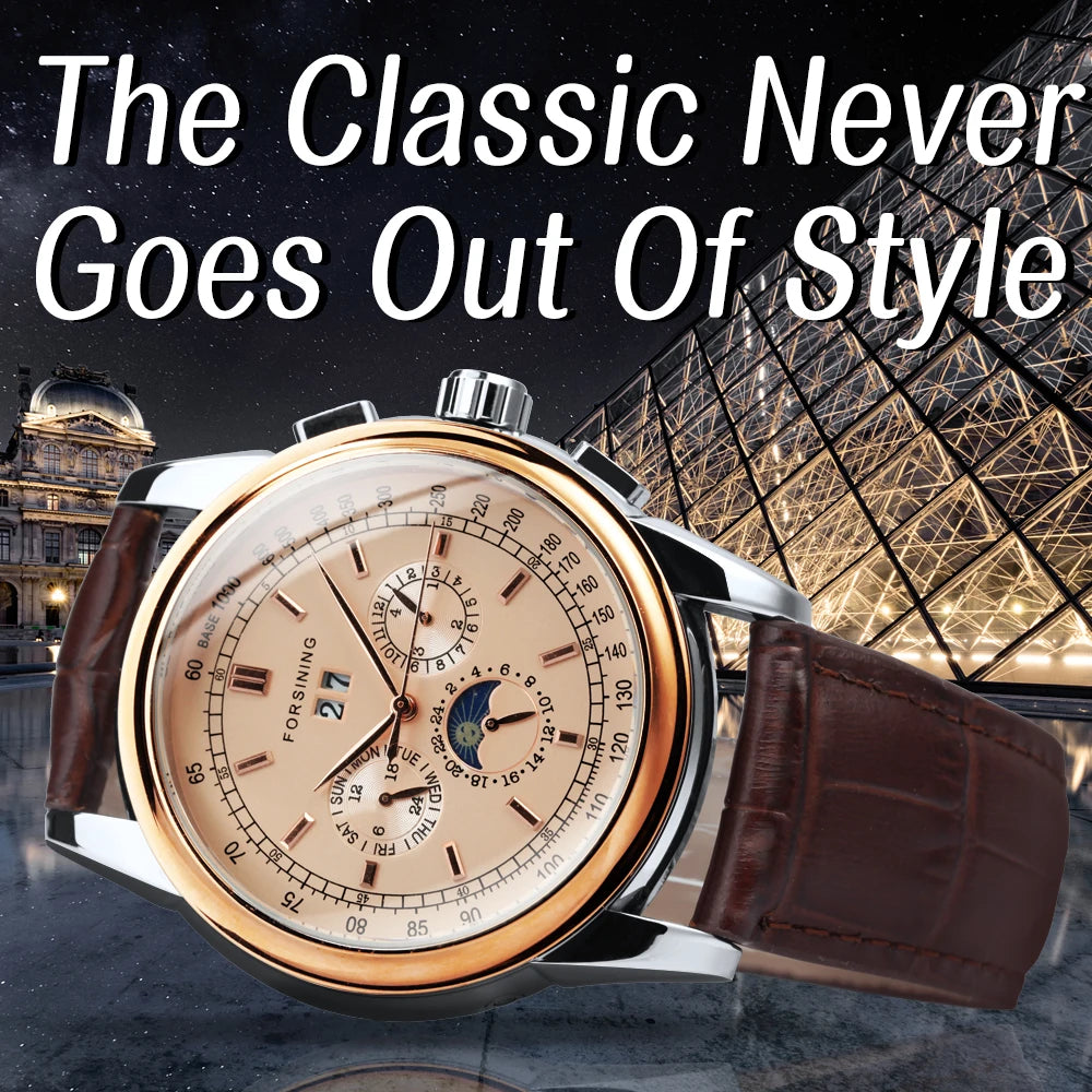 Excellence Mechanical Watches Moon Phase Shanghai Movement Rose Gold Case Brown Leather Strap Luxury Automatic Men's Watch