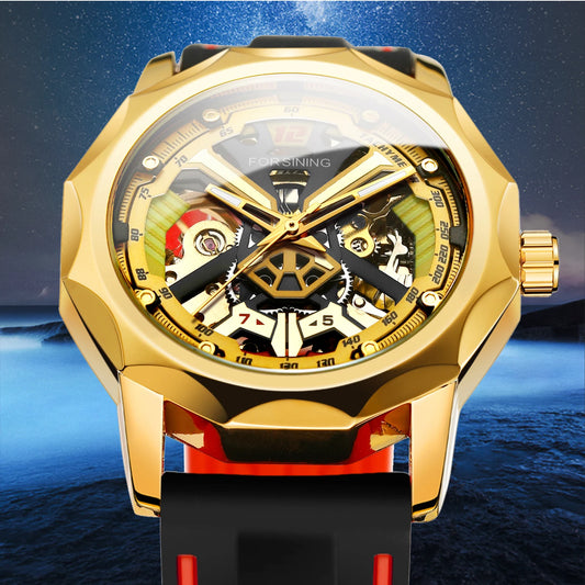 Excellence  Design Fashion Polygon Transparent Skeleton Rubber Band Men Mechanical Watch Luxury Montre Homme men