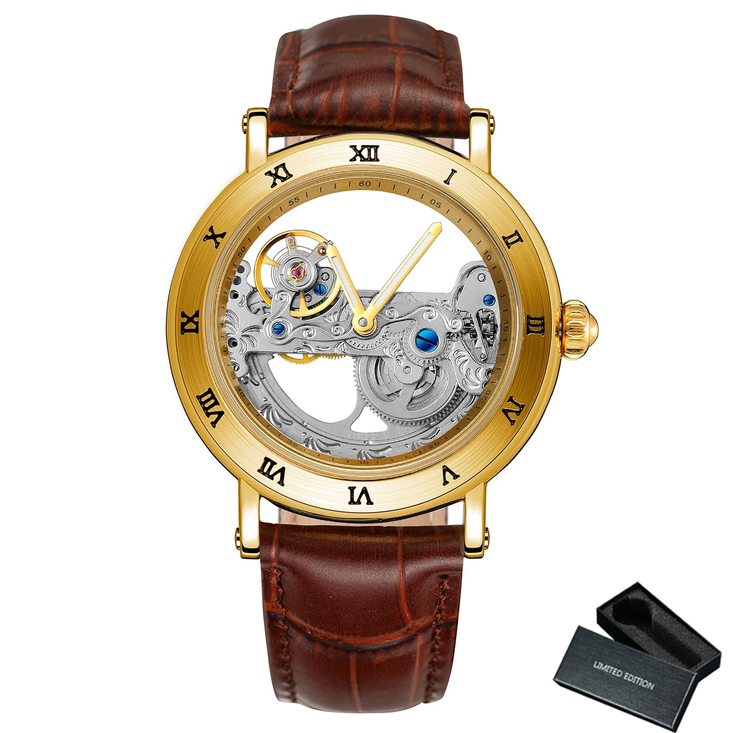 Excellence Gold Bridge Skeleton Automatic Watch for Men Luminous Hands Stainless Steel Leather Strap Luxury Mechanical Watches