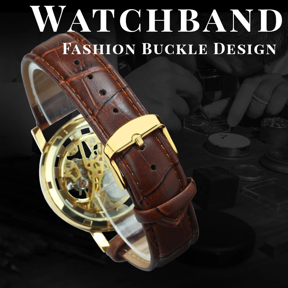 Excellence Transparent Luxury Skeleton Mechanical Watches Casual Leather Strap Gold Watch for Men Luminous Hands Retro Wristwatches