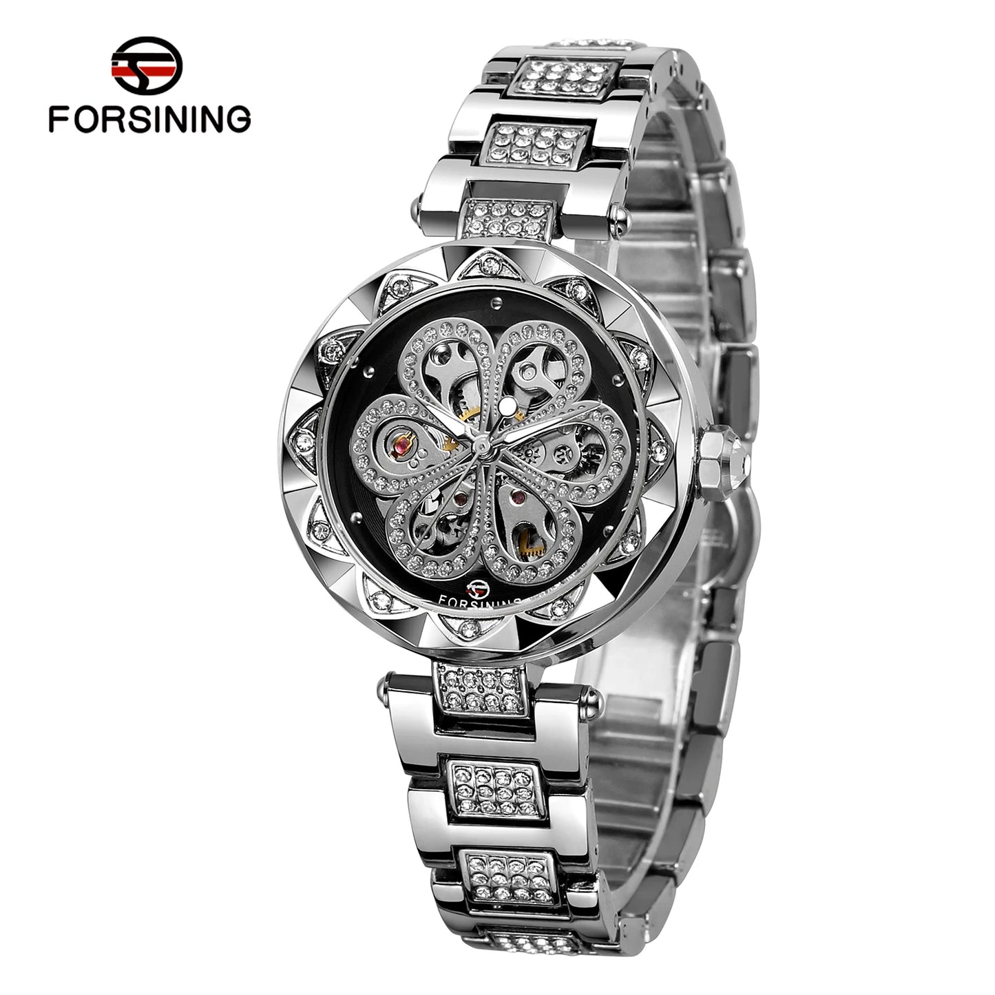 Excellence Skeleton Watch for Women Fashion Classics Diamond Automatic Mechanical Watches Luminous Hands Stainless Steel Strap