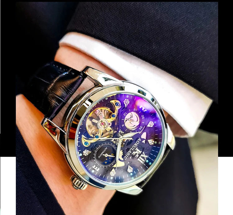 Excellence Skeleton Men's Watches Top Brand Luxury Moon Phase 24 Hours Display Iced Out Automatic Mechanical Watch Leather Strap