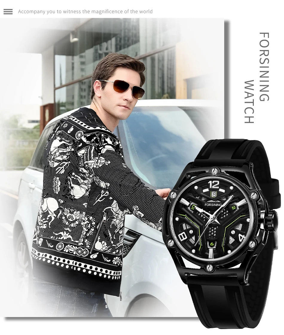 Excellence  Original Luxury Hollow Skeleton Automatic Mechanical  Men's Watch Waterproof Sports Rubber Band Wrist Watches