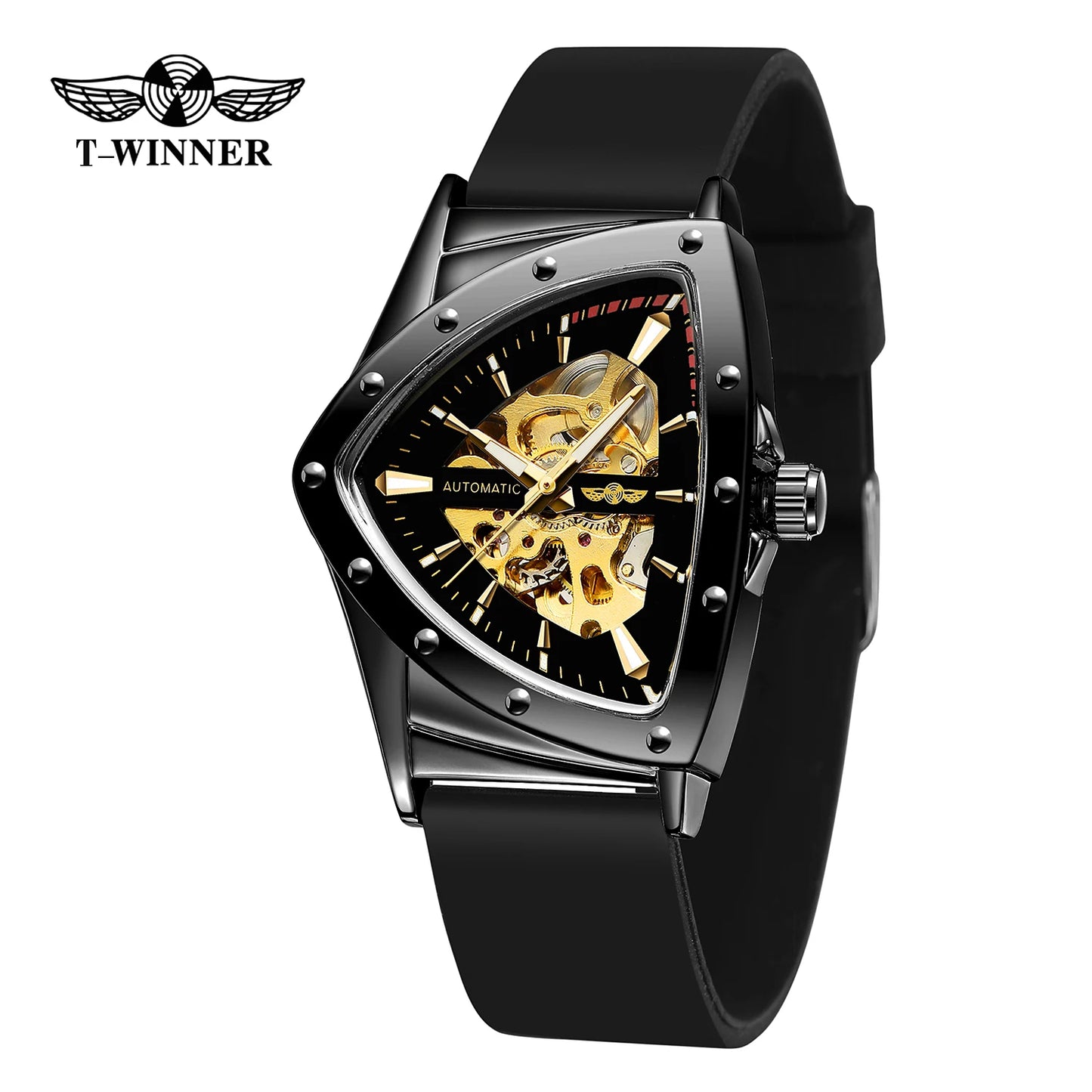 Excellence Military Triangle Skeleton Automatic Watch for Men Gold Sports Mechanical Watches Luxury Rubber strap Luminous