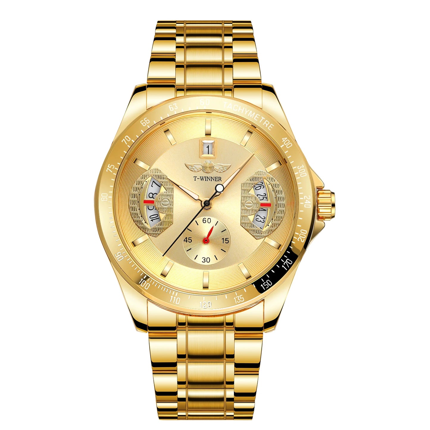 Excellence Sports Gold Automatic Watch for Men Date Display Luminous Hands Stainless Steel Strap Top Brand Luxury Mechanical Watch