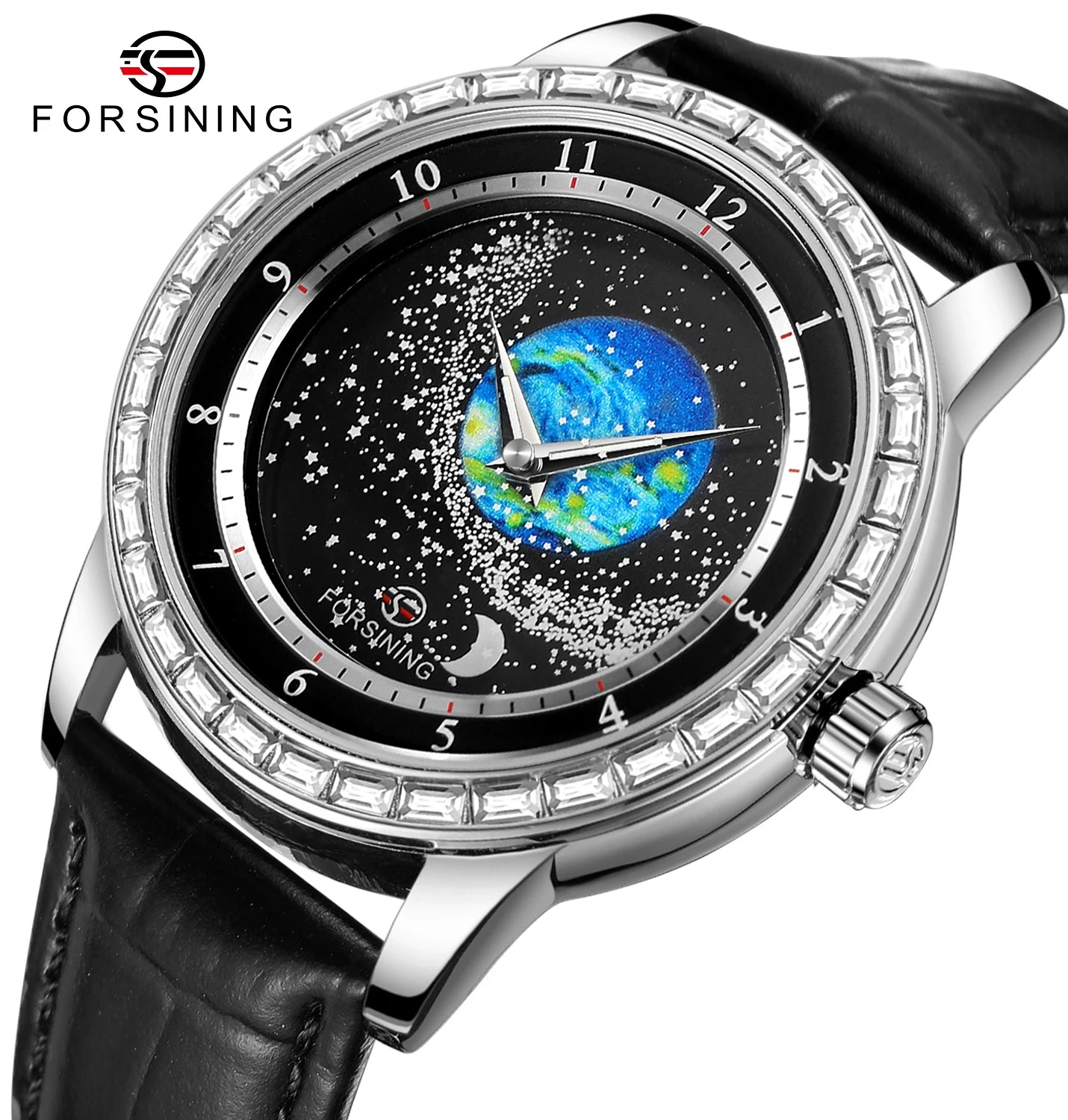 Excellence Design Earth Star Moon Set With Diamonds Genuine Belt Men Mechanical Automatic Watch Waterproof For Business