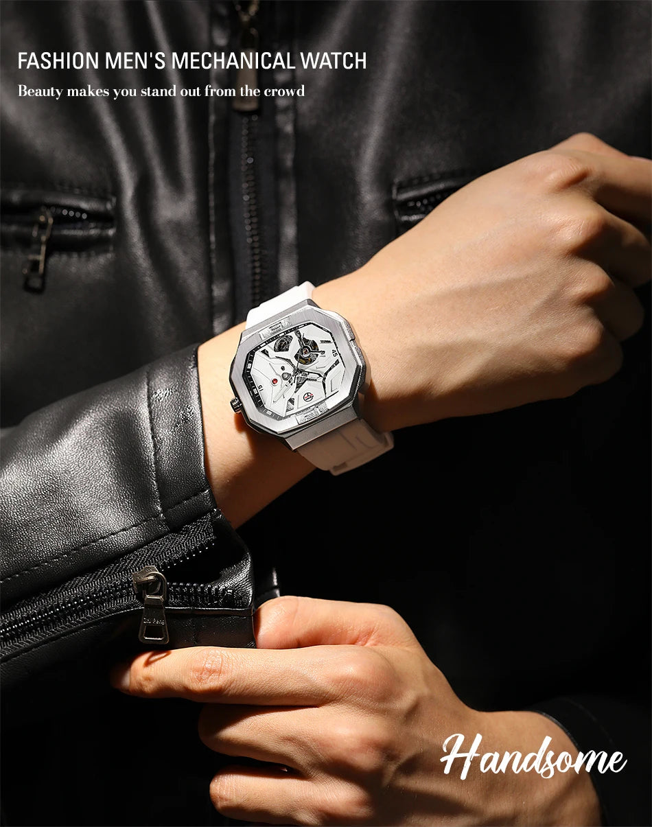 Excellence  Square Skeleton Mechanical Genuine Men Watch Automatic Movement Clock White Sports Waterproof Luxury Male Watches