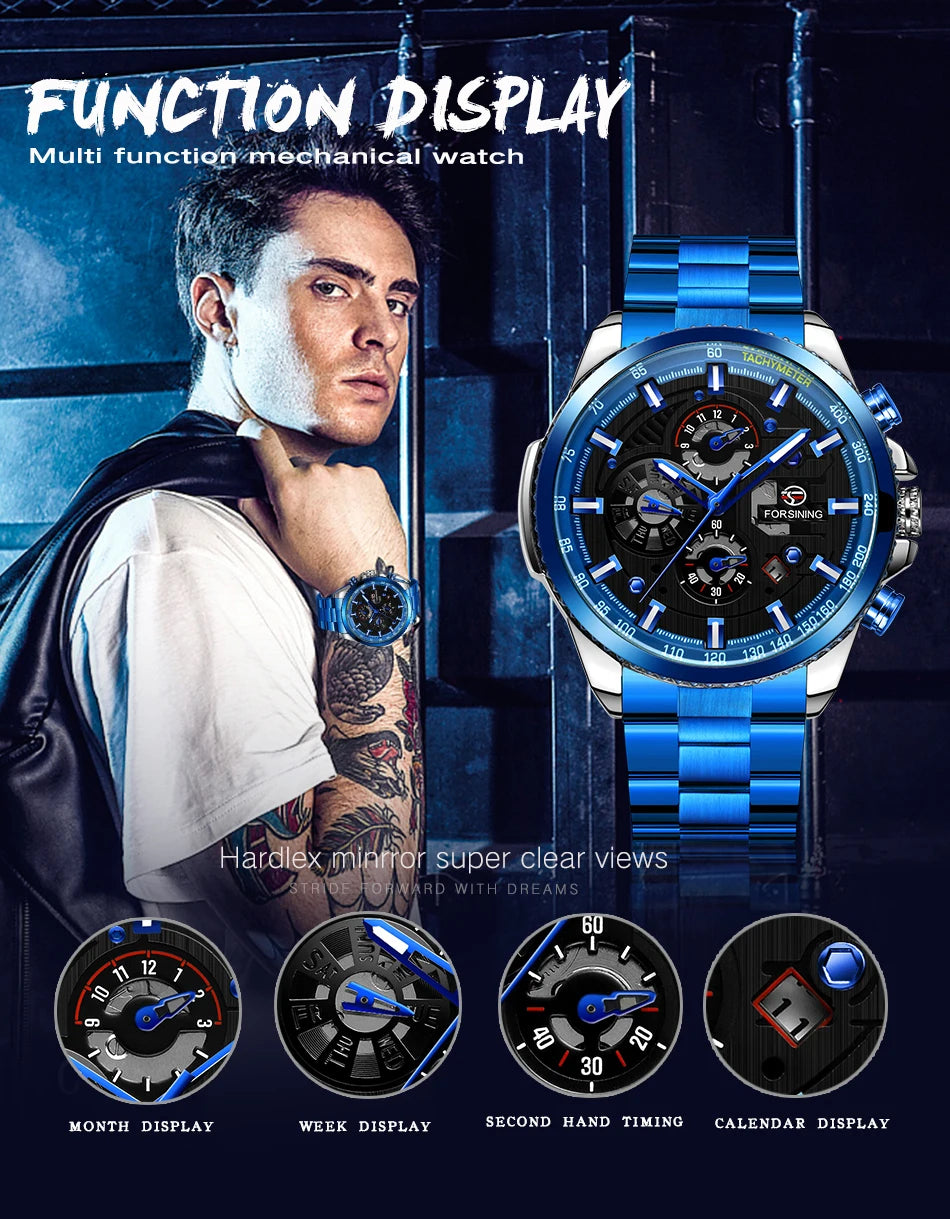 Excellence Sport Waterproof Luminous Blue Big Mechanical Watches Luxury Stainless Steel Men Watch Multifunctional Automatic Date Wristwatch