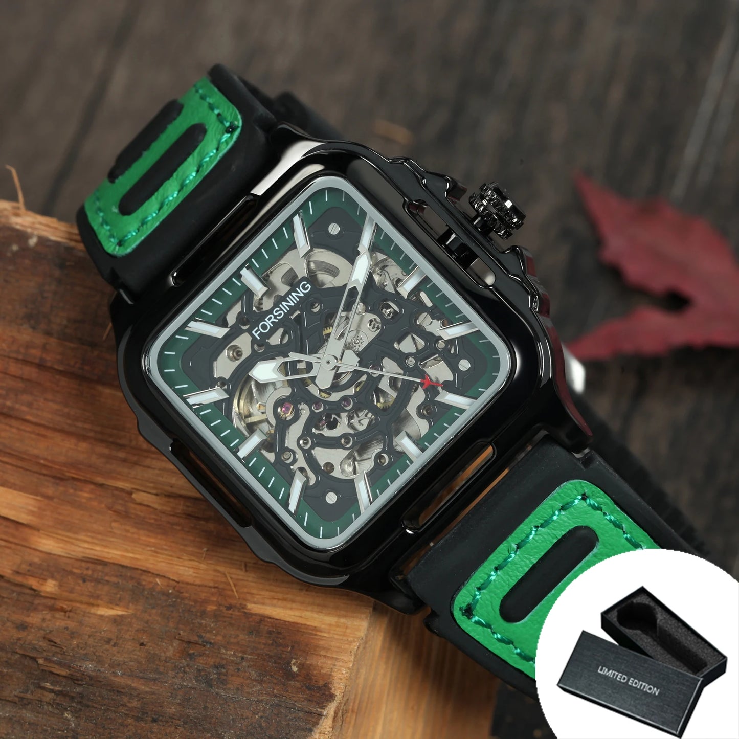 Excellence  Sports Square Automatic Mechanical Watch for Men Fashion Luminous Hand Black Green Rubber Leather Strap Luxury Watch