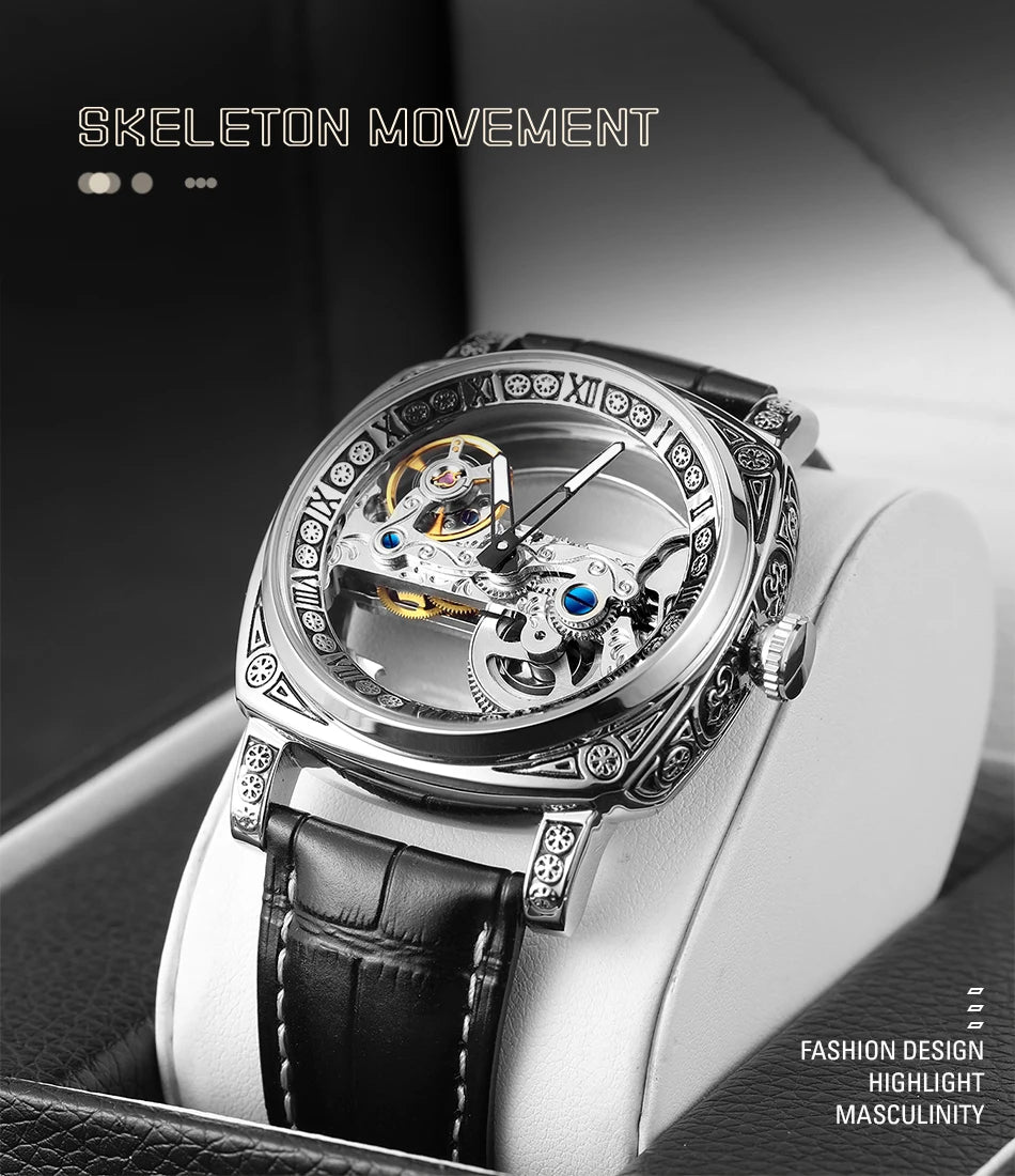 Excellence Luxury Real Leather Belt Skeleton Automatic Men Watch Golden Bridge Dial Carved Movement Mechanical Waterproof Watches