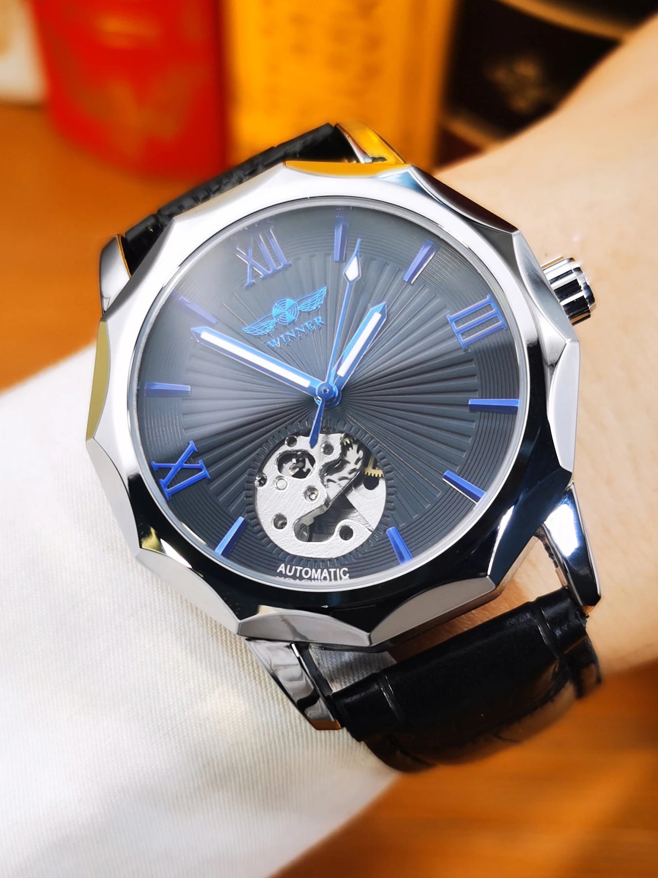 Excellence Business Irregular Skeleton Automatic Mechanical Watch for Men Luminous Hands Leather Steel Strap Fashion Simple Watch