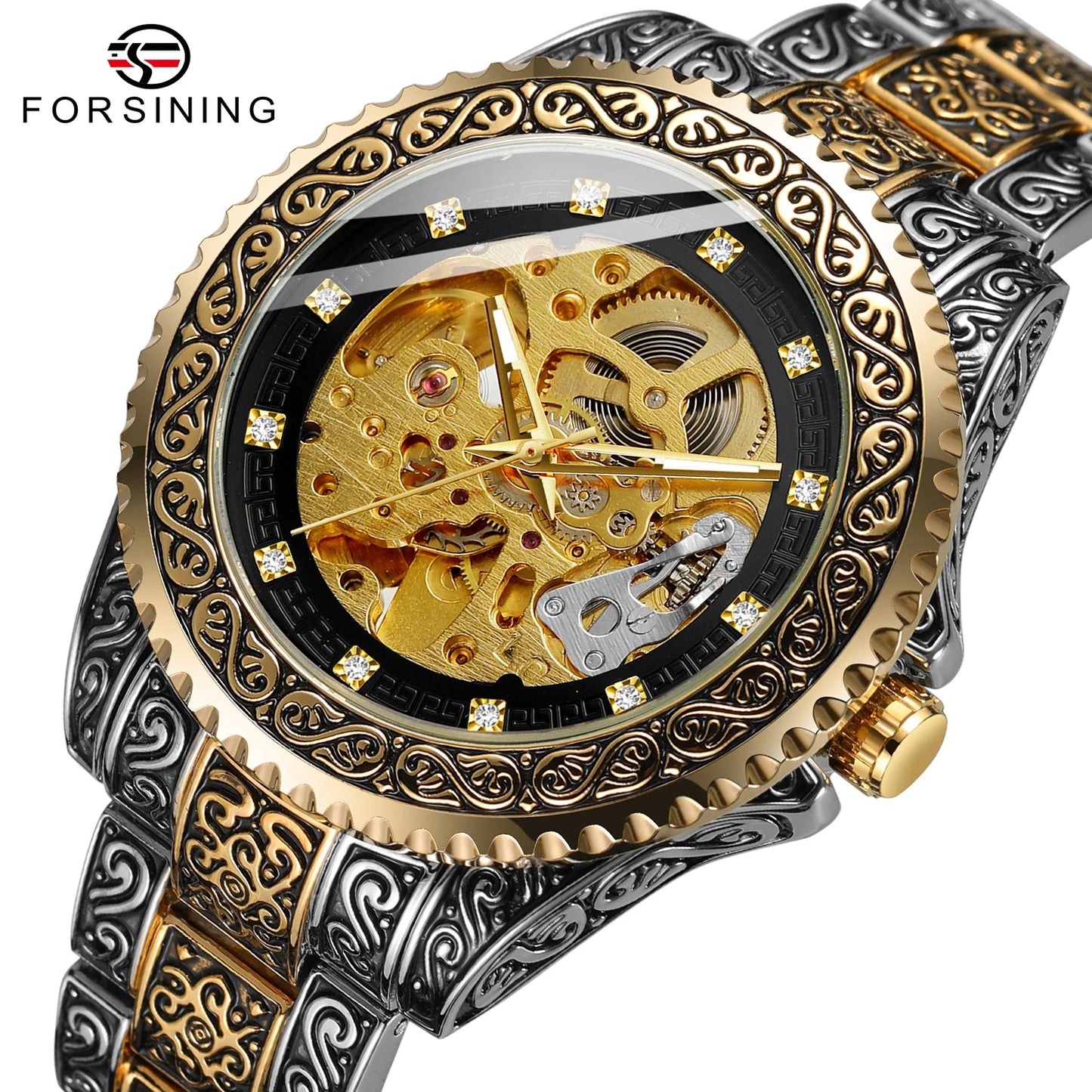 Excellence Luxury Men Automatic Mechanical Wristwatch Waterproof Stainless Steel 3D Diamond Watch Golden Men's watch Vintage