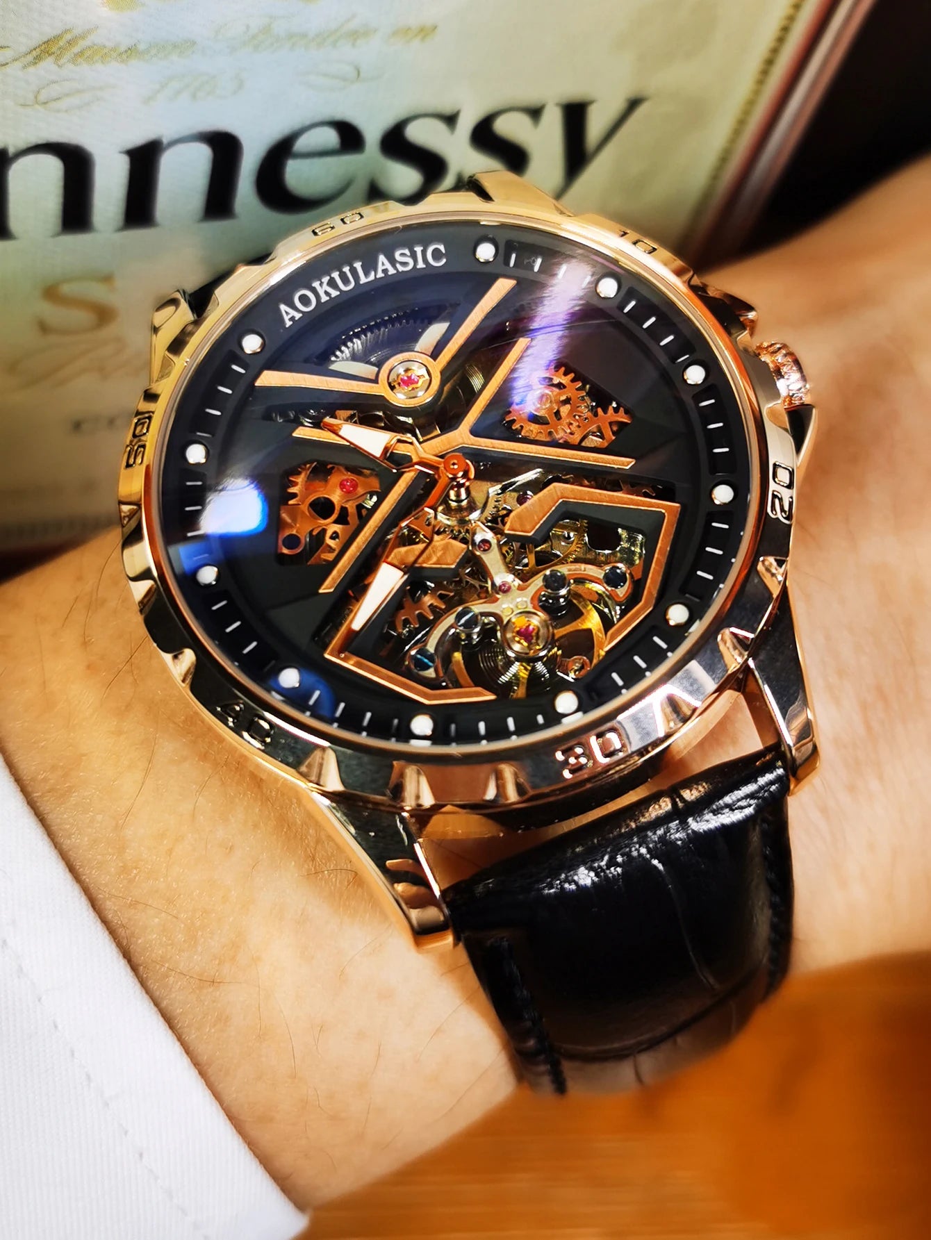 Excellence Fashion Tourbillon Skeleton Mechanical Watches Luminous Hands Rose Gold Automatic Watch for Men Steel Leather Strap