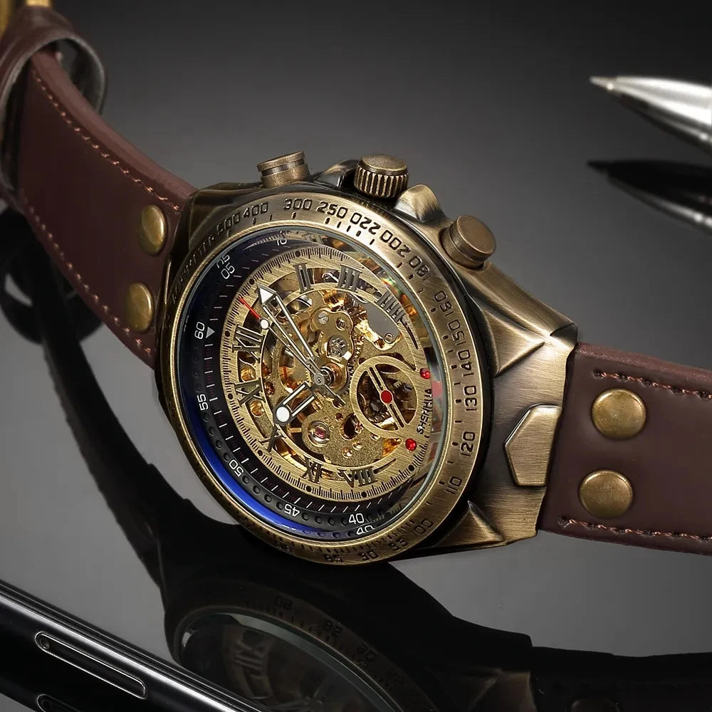 Excellence Skeleton Automatic Mechanical Watch for Men Luminous Hand Brown Genuine Leather Belt Luxury Brand Steampunk Watches