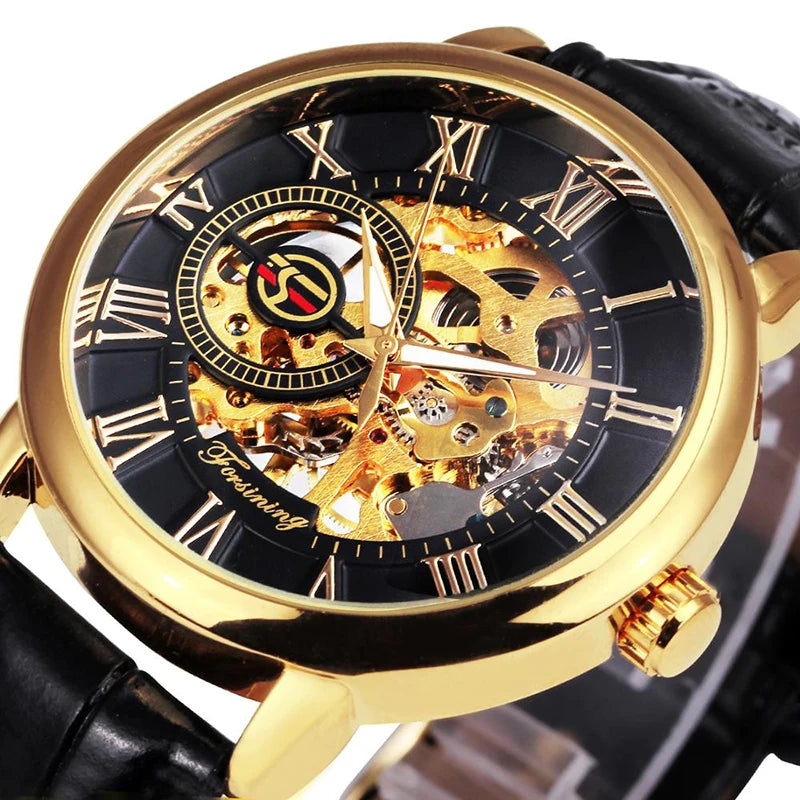 Excellence Classic Retro Skeleton Mechanical Watch for Men Luminous Hands Top Brand Luxury Men's Watches Leather Strap Clock 2024