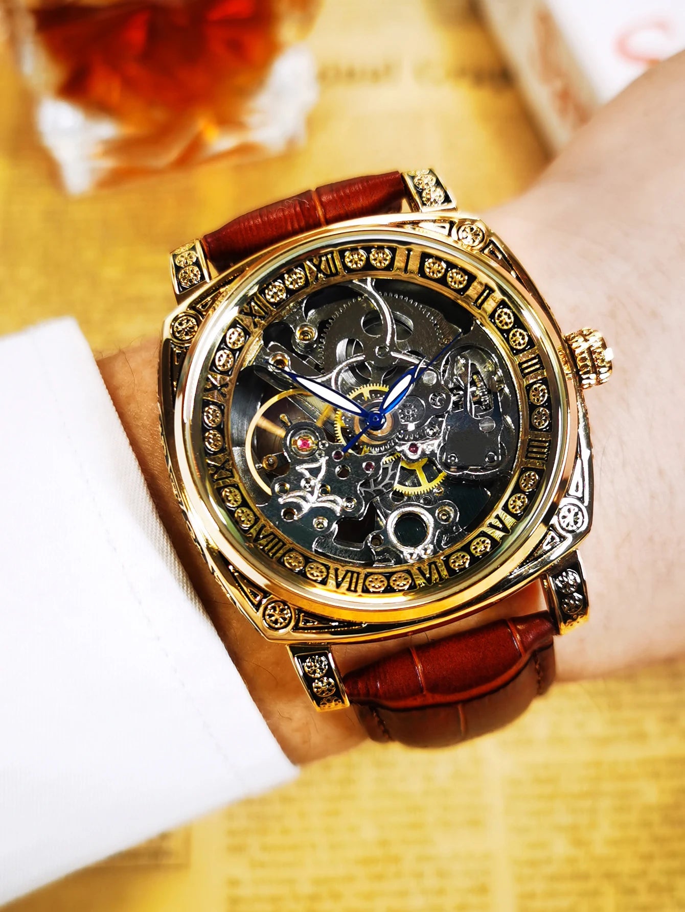 Excellence Gold Mechanical Men's Watches Top Brand Luxury Skeleton Automatic Watch Engraved Movement genuine Leather Strap 2024