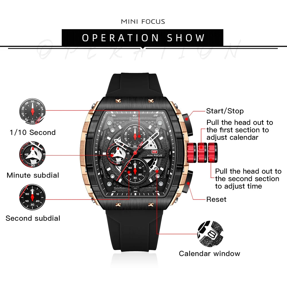 Excellence Sports Multifunctional Quartz Watch for Men Calendar Chronograph Waterproof Silicone Strap Fashion Men's Watches 2024