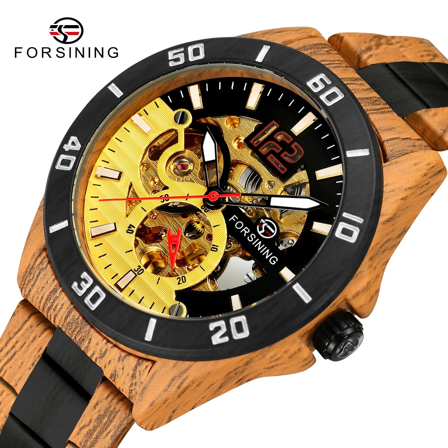 Excellence Luxury  Skeleton Wristwatches Imitation Wood Grain Stainless Steel Strip Automatic Watches for Men Transparent Watch