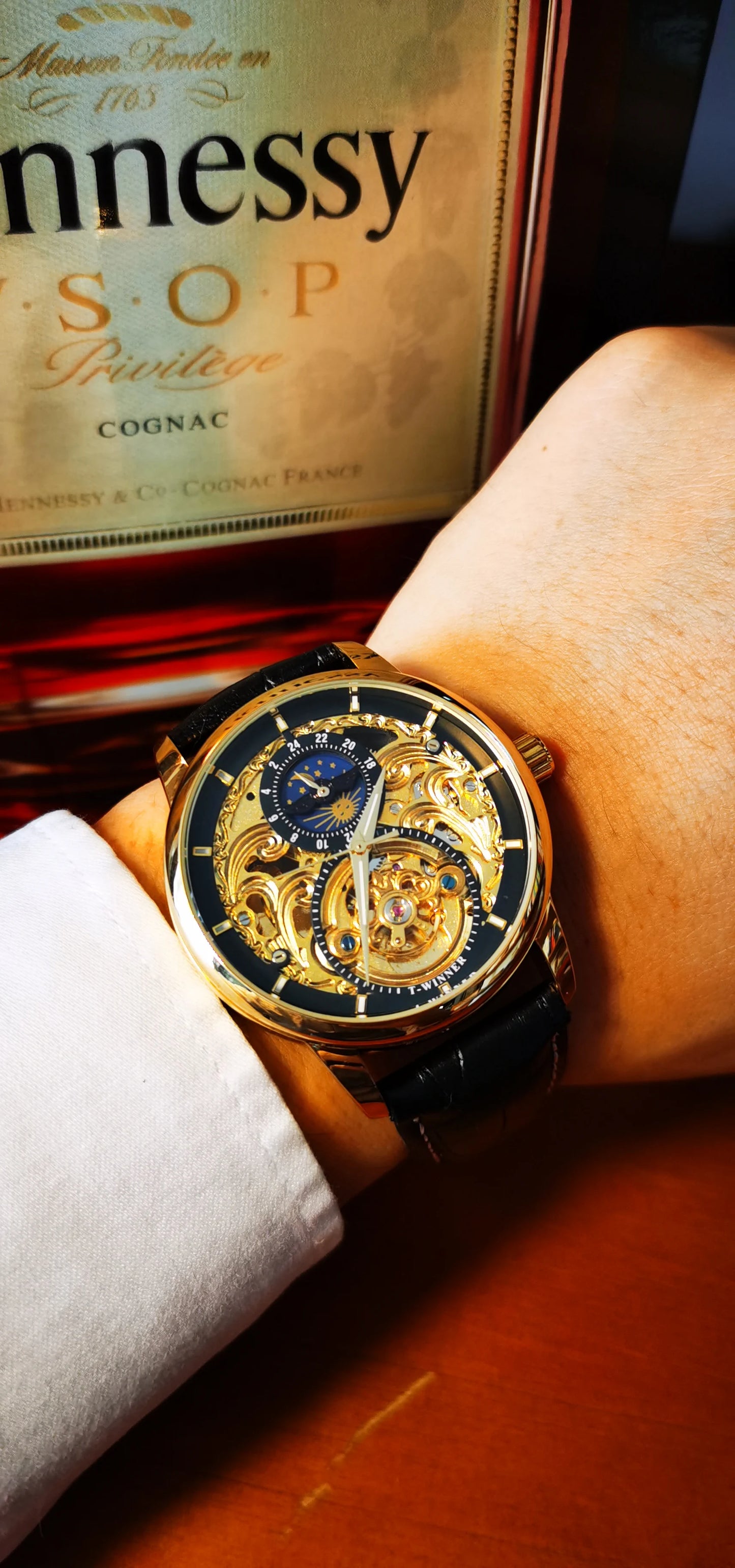 Excellence Moon Phase Watch for Men Luxury Tourbillon Skeleton Automatic Mechanical Watches Casual Genuine Leather Strap