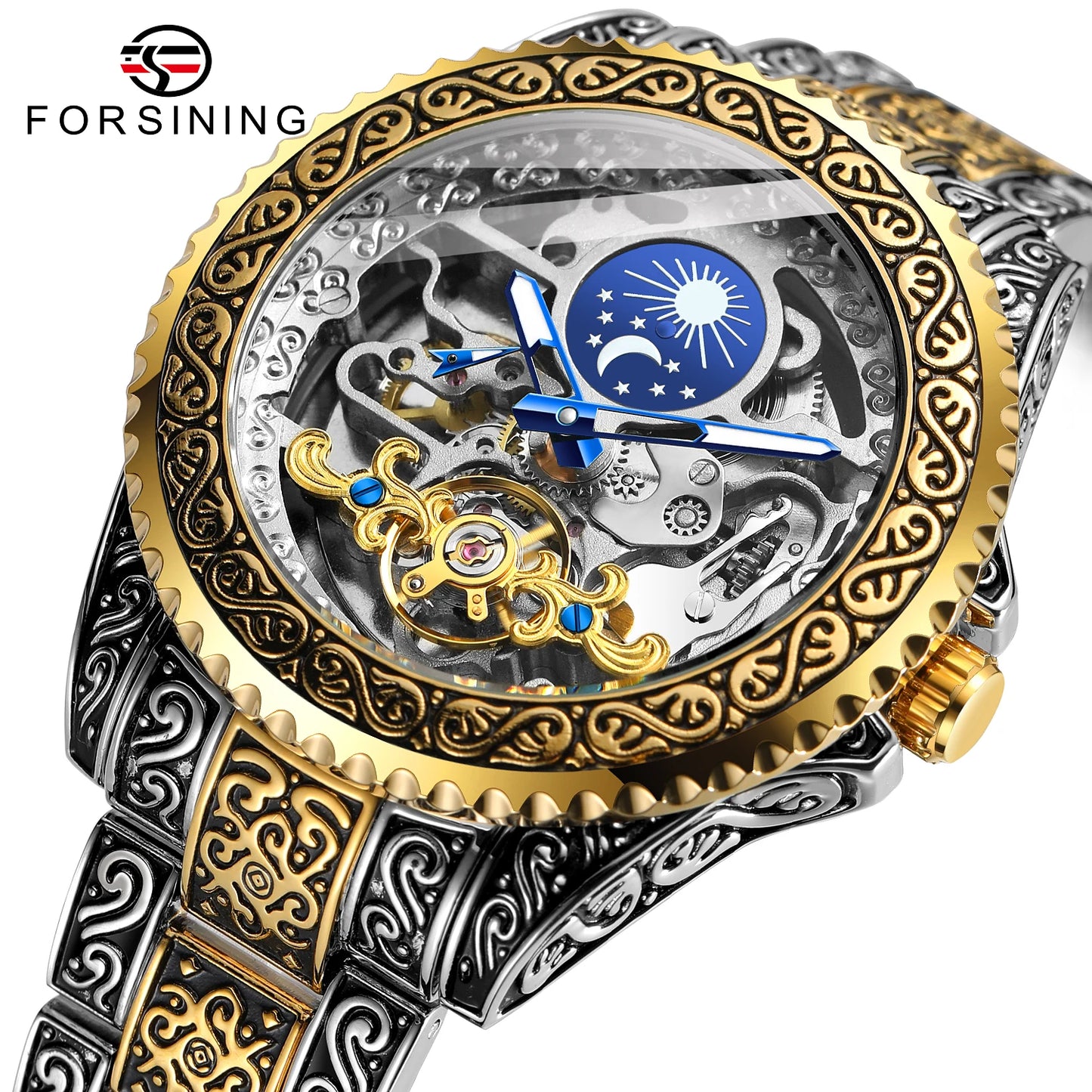 Excellence Luxury Transparent Skeleton Automatic Mechanical Wristwatch Stainless Steel Moonphase Watch Men's Watch