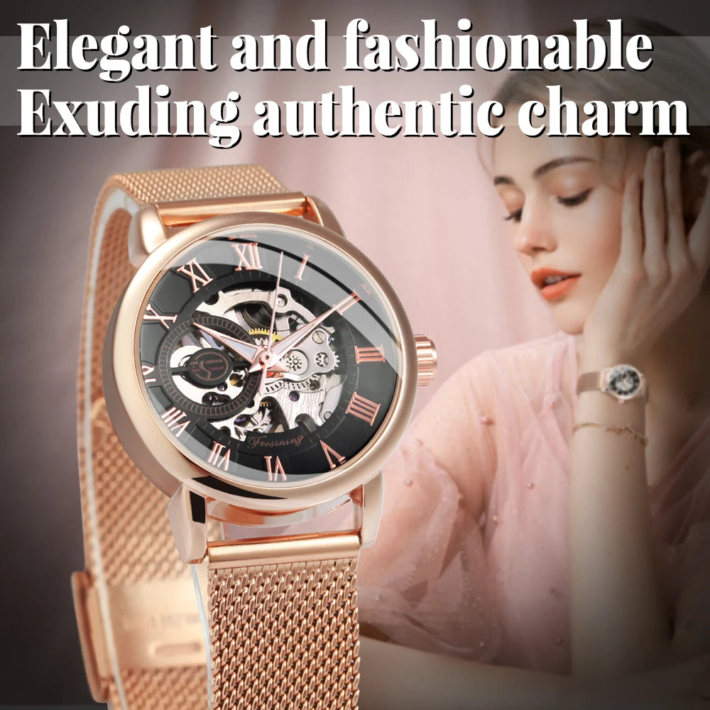 Excellence Rose Gold Skeleton Mechanical Watch for Women Fashion Luminous Hands Elegant Luxury Ladies Watches Mesh Steel Strap