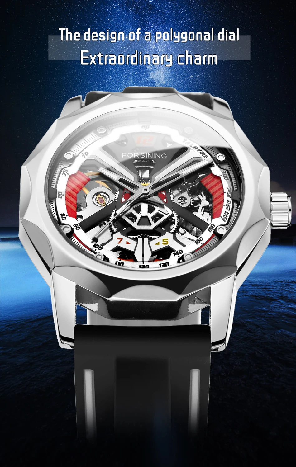 Excellence  Design Fashion Polygon Transparent Skeleton Rubber Band Men Mechanical Watch Luxury Montre Homme men