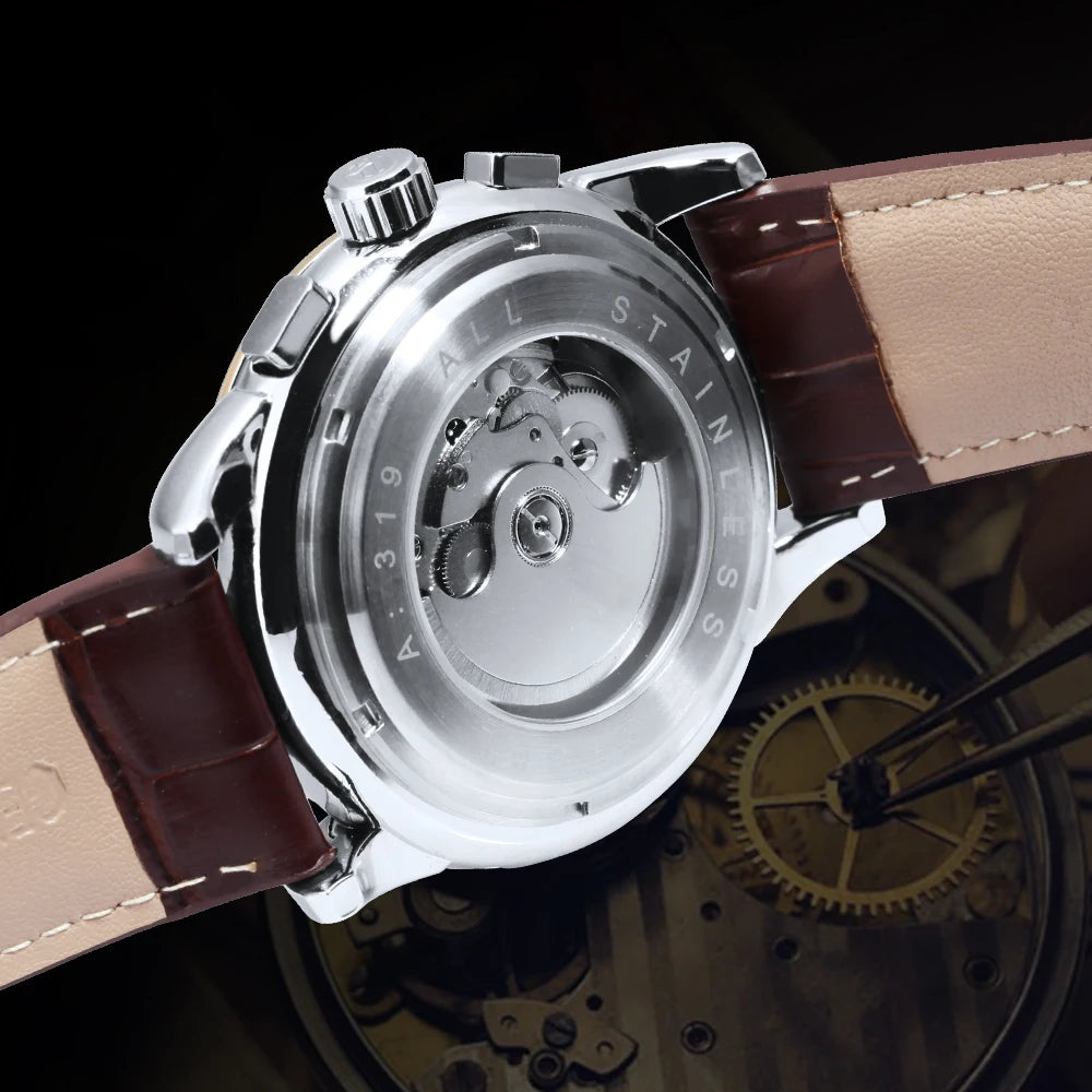 Excellence Mechanical Watches Moon Phase Shanghai Movement Rose Gold Case Brown Leather Strap Luxury Automatic Men's Watch