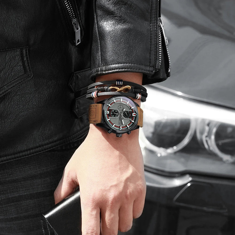 Excellence  Sports Men's Watches Top Brand Luxury Calendar Brown Leather Strap Luminous Hands Fashion Automatic Mechanical Watch