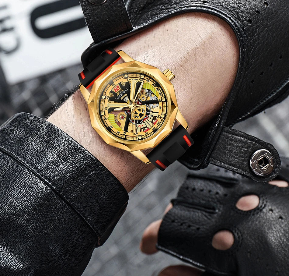 Excellence  Design Fashion Polygon Transparent Skeleton Rubber Band Men Mechanical Watch Luxury Montre Homme men