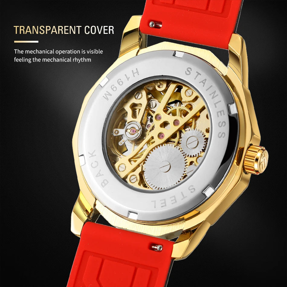 Excellence  Design Fashion Polygon Transparent Skeleton Rubber Band Men Mechanical Watch Luxury Montre Homme men