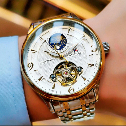 Excellence Moon Phase Men's Watches Top Brand Luxury Tourbillon Skeleton Automatic Mechanical Watch Stainless Steel Strap AOKULASIC