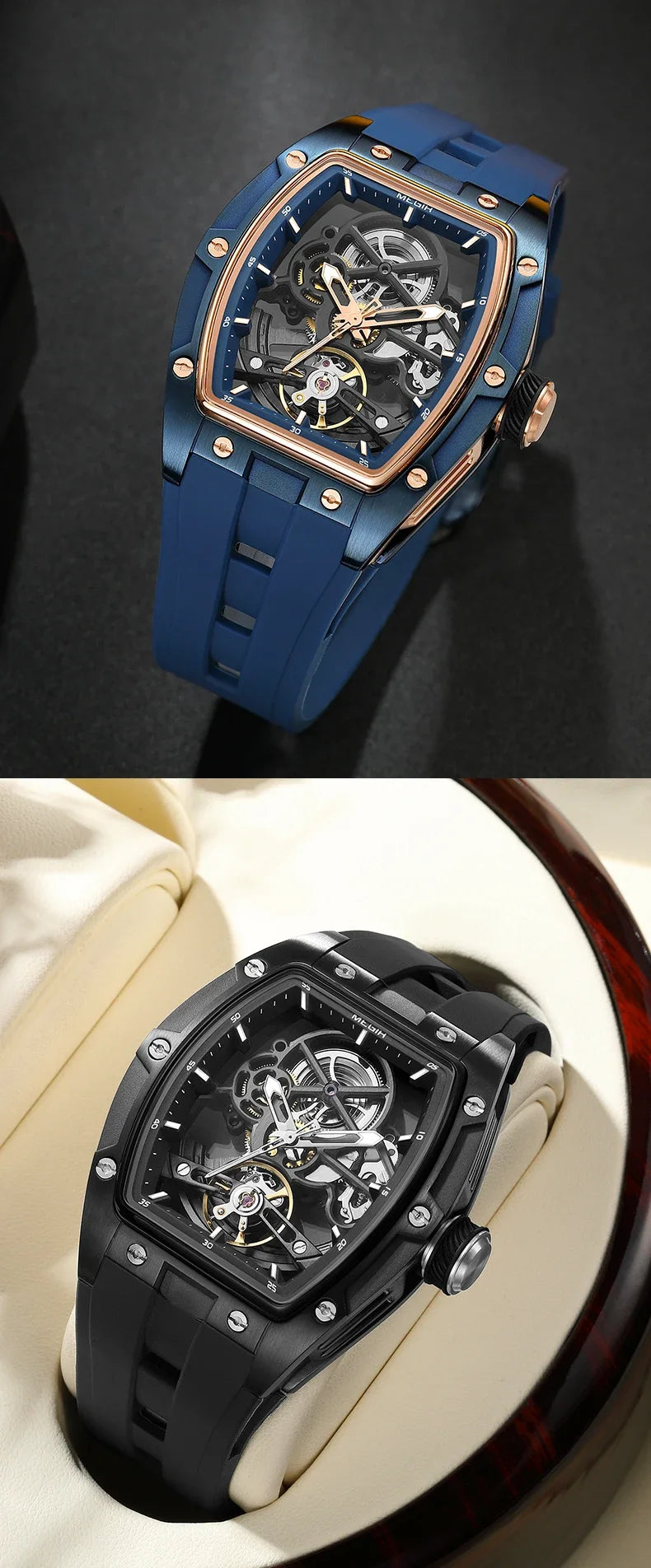 Excellence Automatic Wristwatch Men Fashion Black Silicone Strap Waterproof Luminous Sport Mechanical Watch with Tonneau Dial