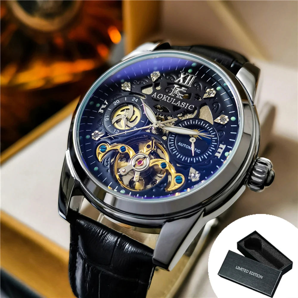 Excellence Skeleton Men's Watches Top Brand Luxury Moon Phase 24 Hours Display Iced Out Automatic Mechanical Watch Leather Strap