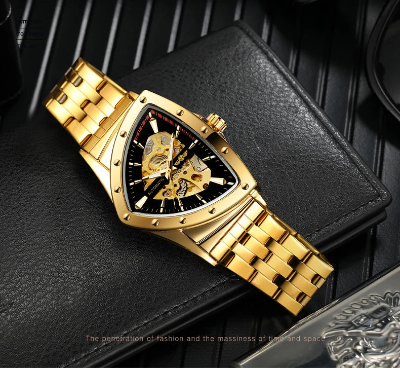 Excellence Military Triangle Skeleton Automatic Watch for Men Gold Sports Mechanical Watches Luxury Rubber strap Luminous