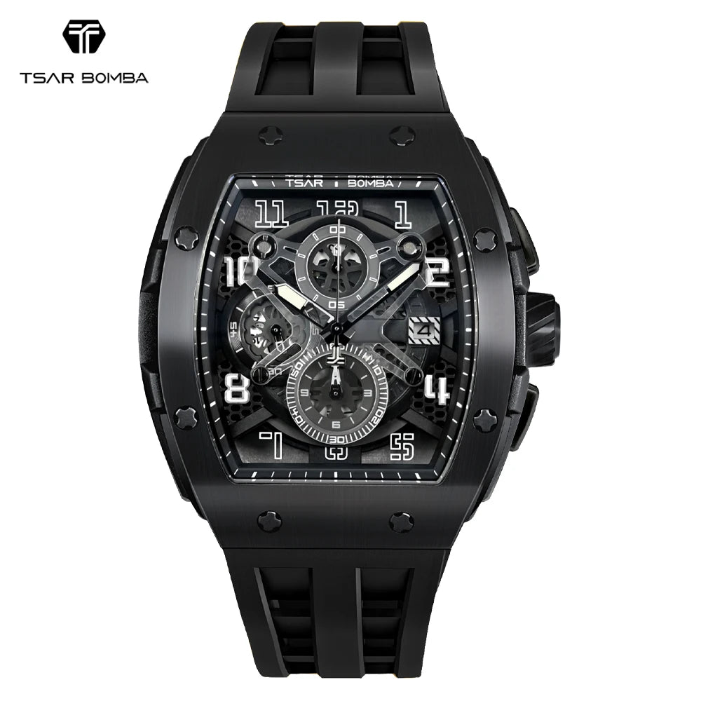 TSAR BOMBA Luxury Mens Watch Top Brand Wristwatch Tonneau Clock Rubber Strap Chronograph Sapphire Watches for Men