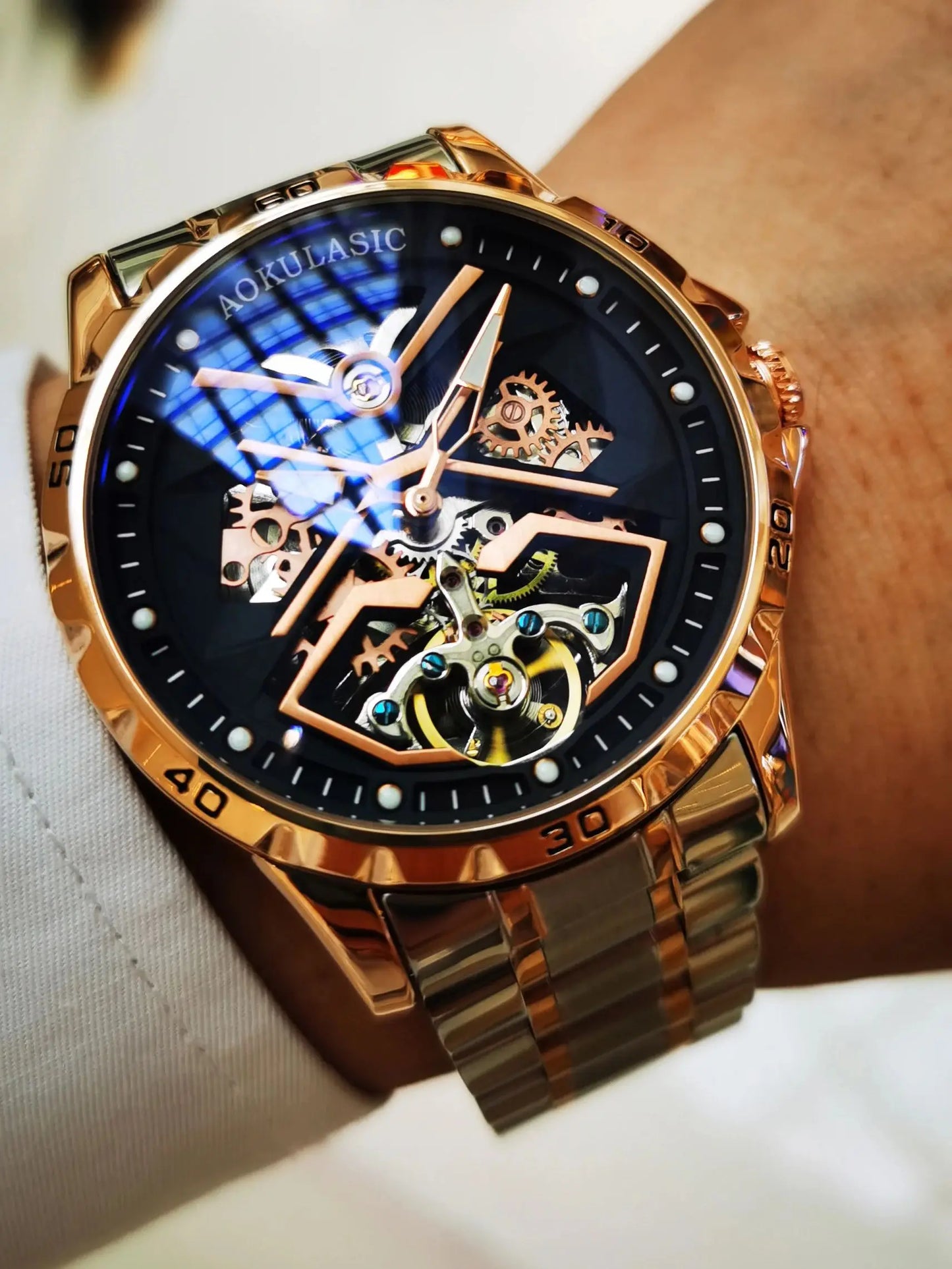 Excellence Fashion Tourbillon Skeleton Mechanical Watches Luminous Hands Rose Gold Automatic Watch for Men Steel Leather Strap