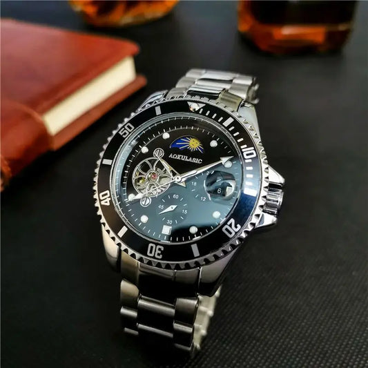 Excellence Tourbillon Moon Phase Skeleton Mechanical Watches Rotating Bezel Luminous Dial Luxury Automatic Men's Watch Stainless Steel Strap