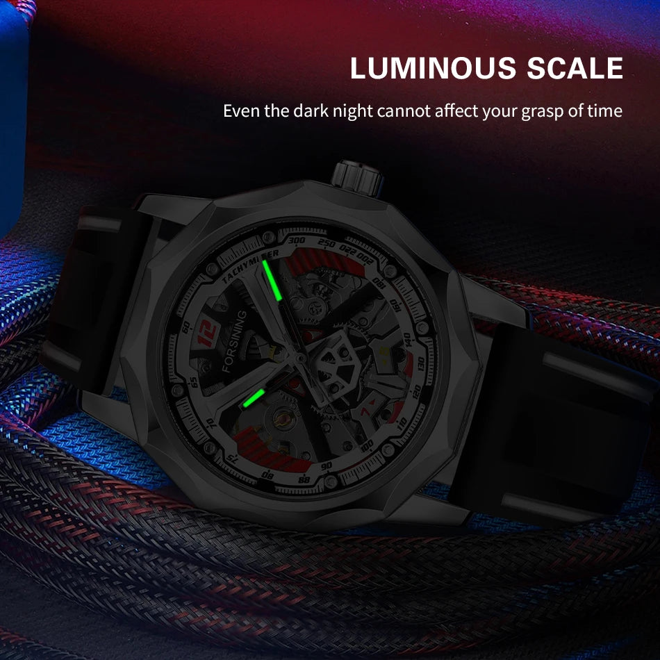 Excellence  Design Fashion Polygon Transparent Skeleton Rubber Band Men Mechanical Watch Luxury Montre Homme men