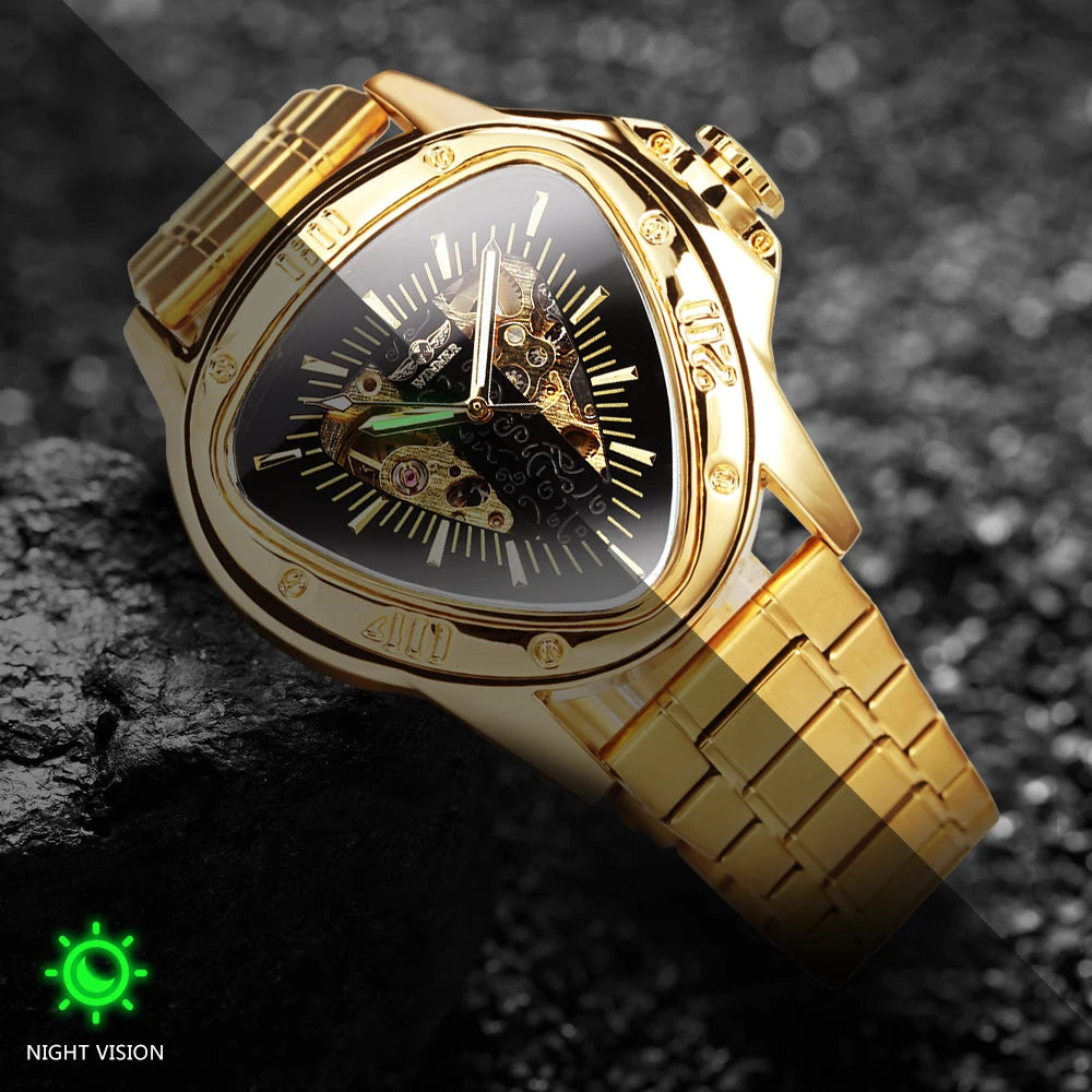 Excellence Sports Military Skeleton Automatic Mechanical Watch for Men Black Gold Triangle Dial Steel Leather Strap Luxury Watches