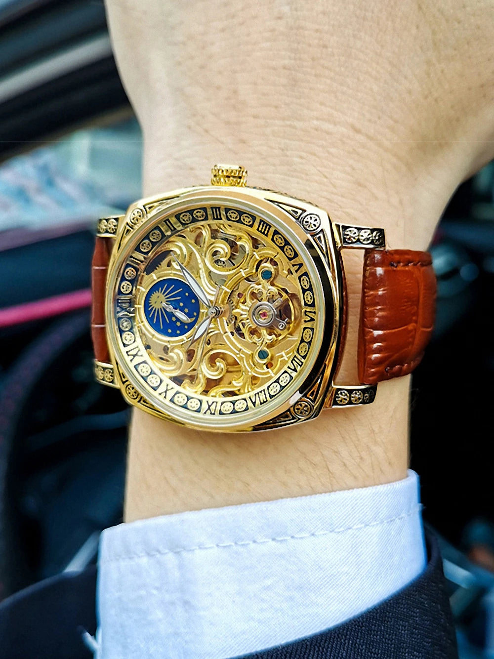 Excellence Mechanical Watches Moon Phase Tourbillon  Gold Automatic Watch for Men Casual Genuine Leather Belt.