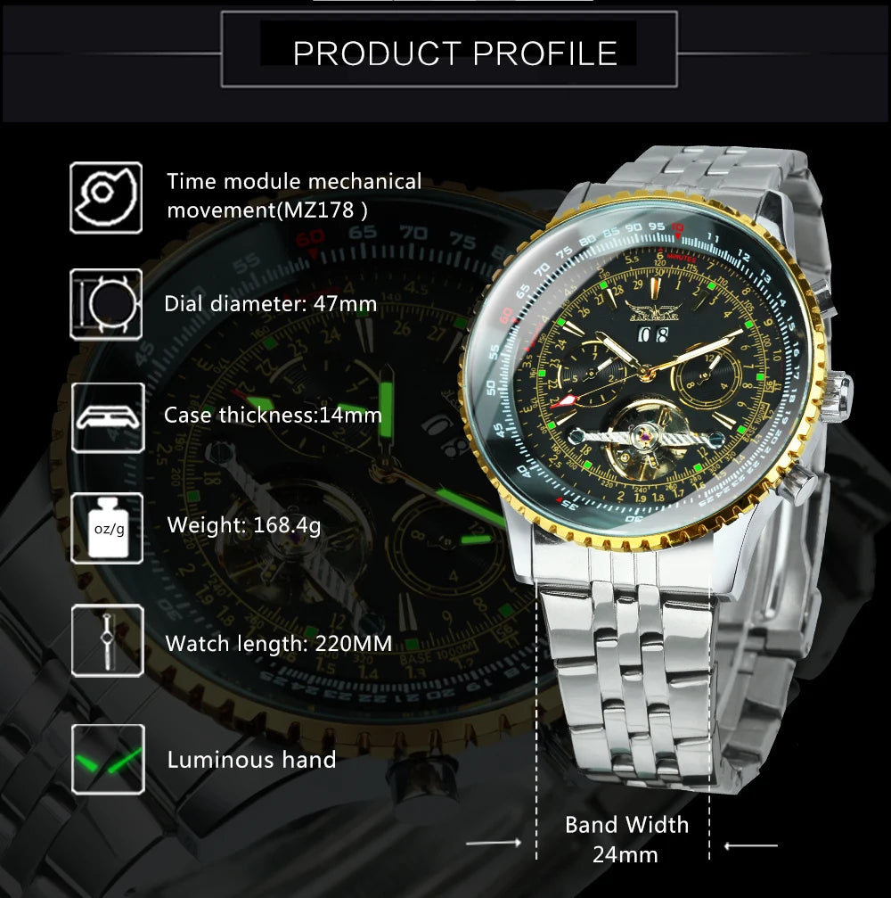 Excellence Military Sports Automatic Watch for Men Multifunction Dial Tourbillon Skeleton Mechanical Watches Luxury Steel Band Glow