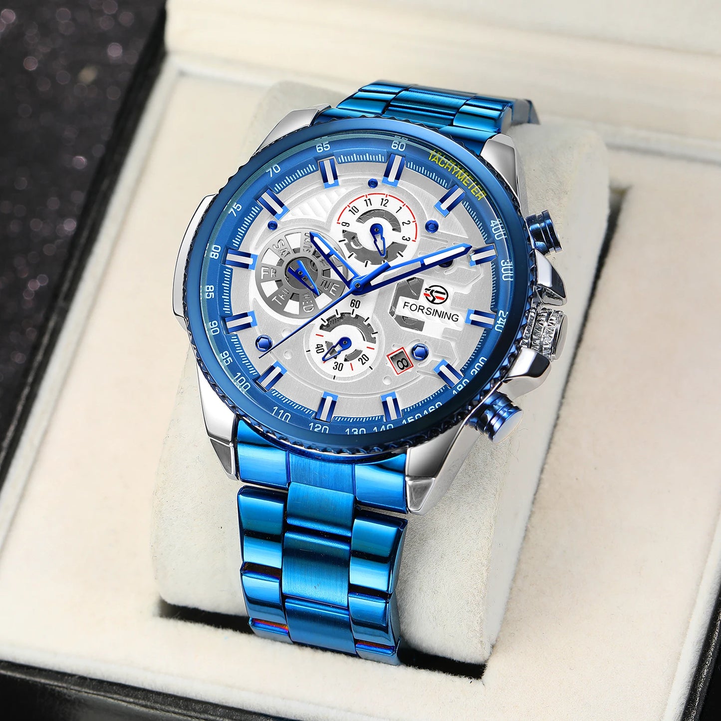 Excellence Sport Waterproof Luminous Blue Big Mechanical Watches Luxury Stainless Steel Men Watch Multifunctional Automatic Date Wristwatch