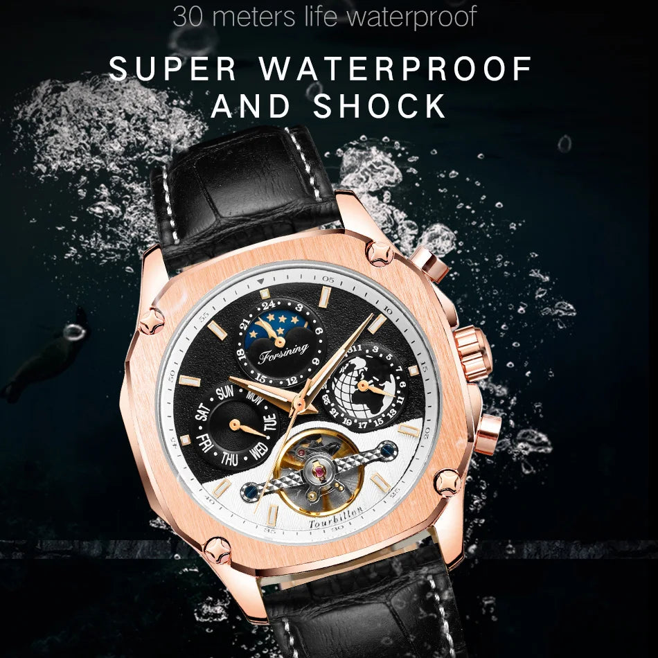 Excellence New Square Waterproof Mechanical Watches Luxury Leather Watch For Men Tourbillon Multifunctional Automatic Date Wristwatch