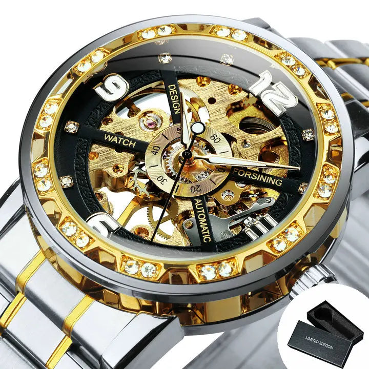 Forsining Vintage Luxury Mechanical Watches Classic Iced Out Gold Skeleton Watch for Men Luminous Hands Stainless Steel Strap