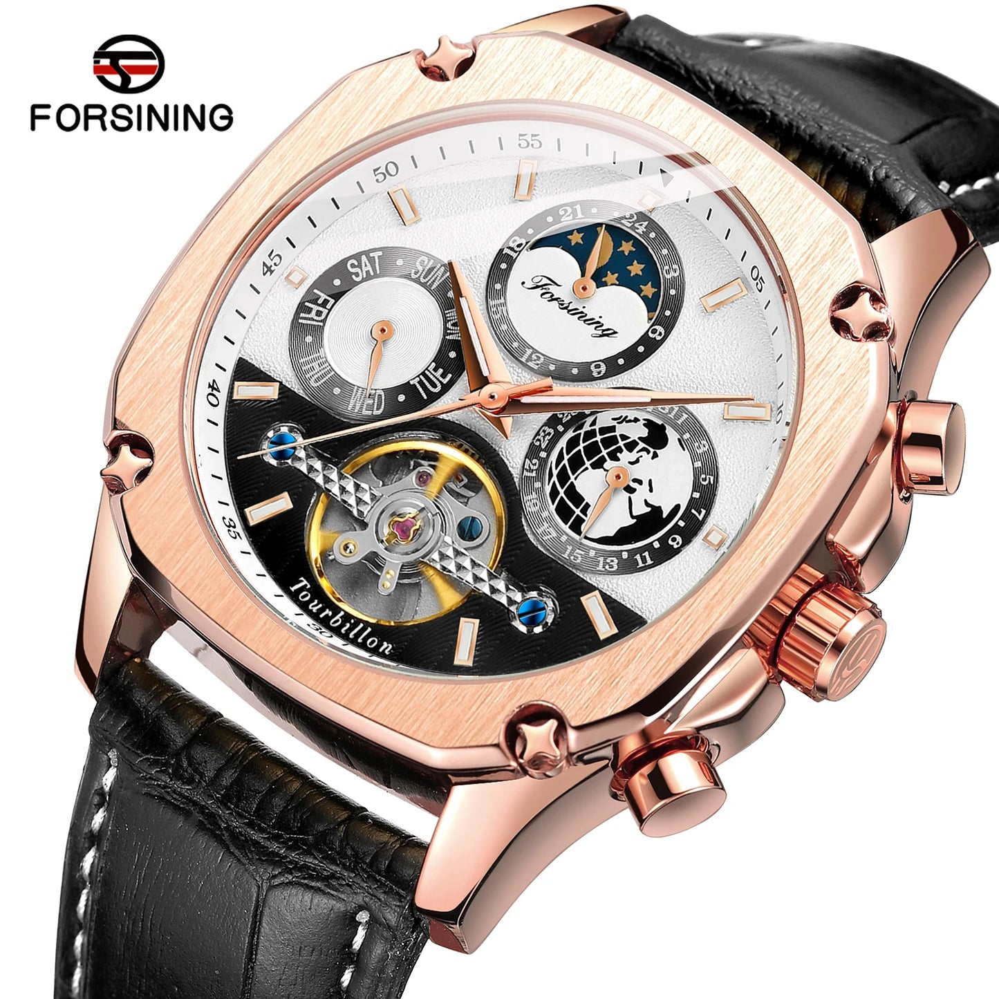 Excellence New Square Waterproof Mechanical Watches Luxury Leather Watch For Men Tourbillon Multifunctional Automatic Date Wristwatch