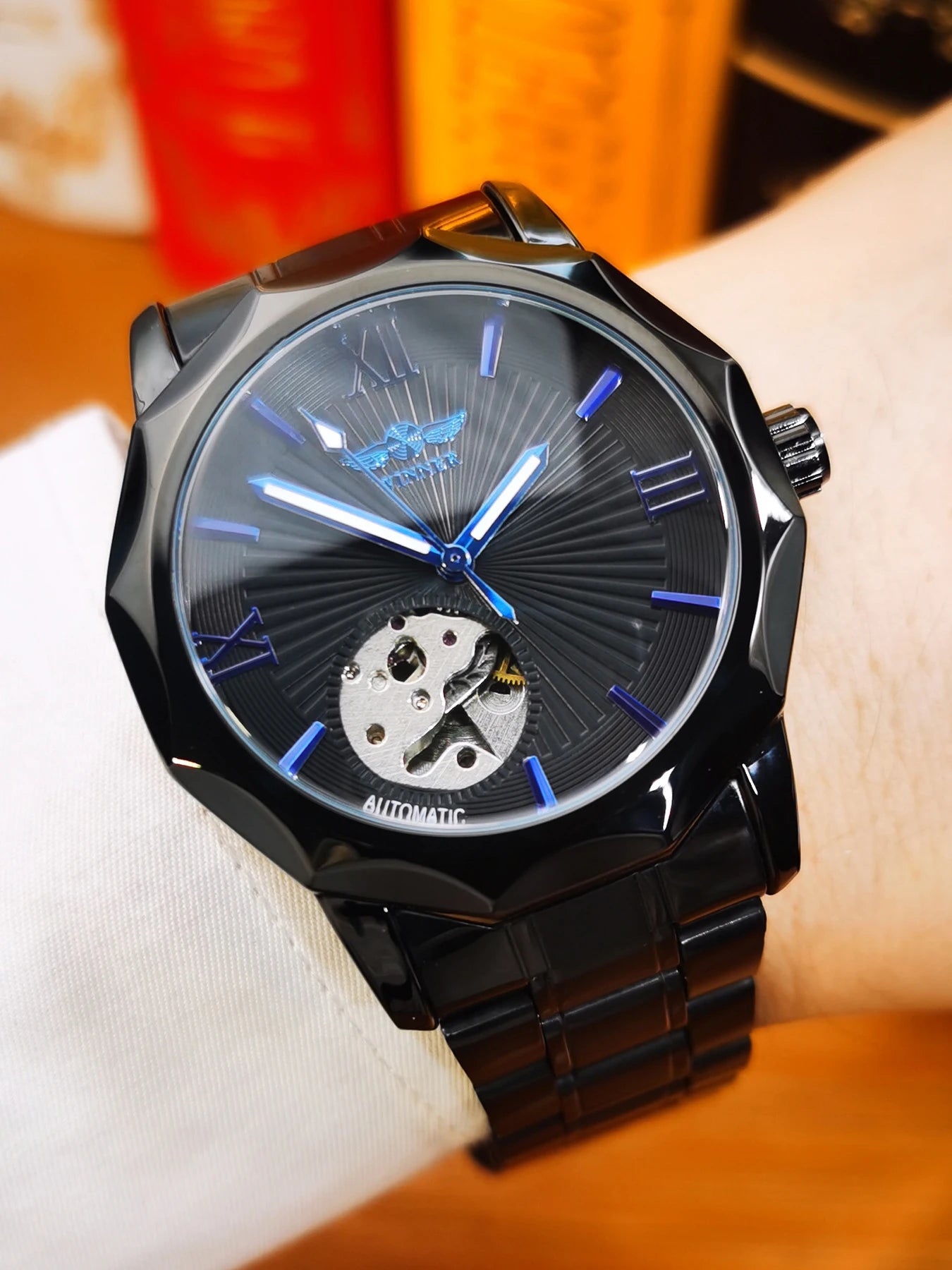 Excellence Business Irregular Skeleton Automatic Mechanical Watch for Men Luminous Hands Leather Steel Strap Fashion Simple Watch