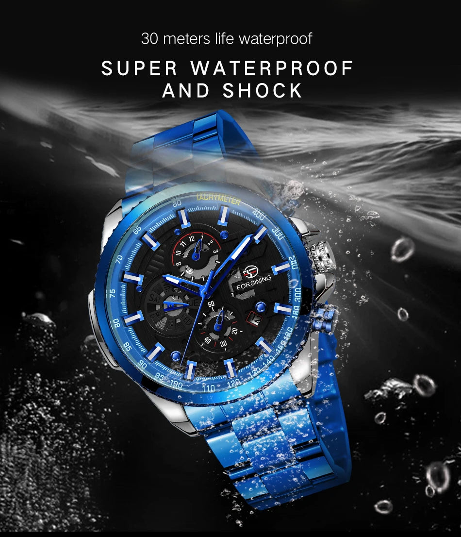 Excellence Sport Waterproof Luminous Blue Big Mechanical Watches Luxury Stainless Steel Men Watch Multifunctional Automatic Date Wristwatch